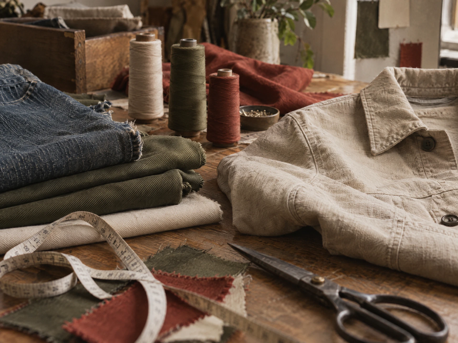 Workshop table with canvas, denim, thread, and measuring tape